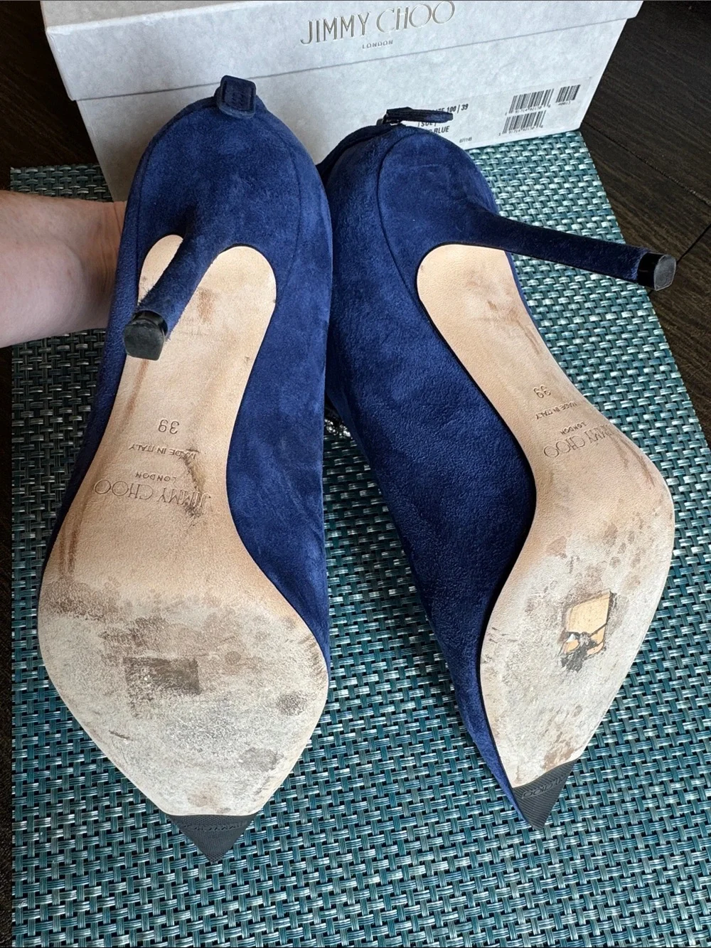 Jimmy Choo Blue Suede Stiletto Booties with Crystal Anklet